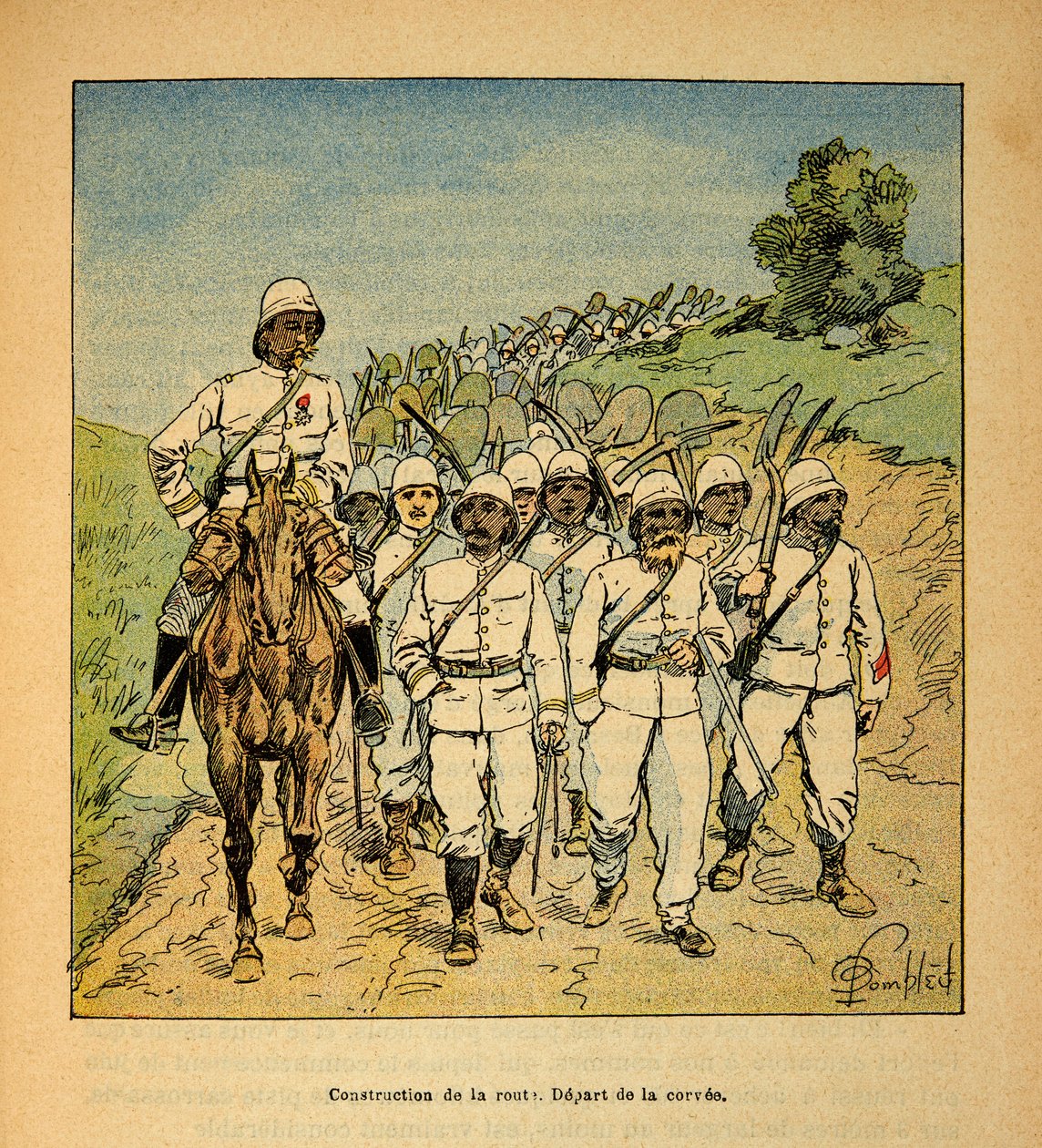 A guerra em Madagáscar - história das expedições francesas de 1885-1895 por Henri Galli dit Galllichet (1854-1922), ilustrada por Louis Bombled (1862-1927): Construção de uma estrada em Madagáscar, início do corvejo, Colecção privada de Louis Charles Bombled