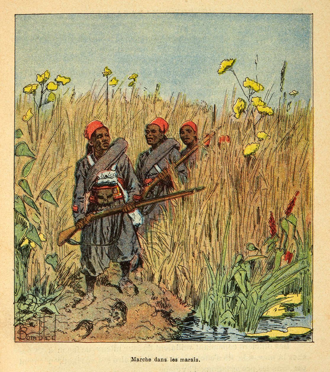 A guerra em Madagáscar - história das expedições francesas de 1885-1895 por Henri Galli dit Galllichet (1854-1922), ilustrada por Louis Bombled (1862-1927): Tropas francesas em expedição nos pântanos de Madagáscar em 1895, Coleção particular de Louis Charles Bombled