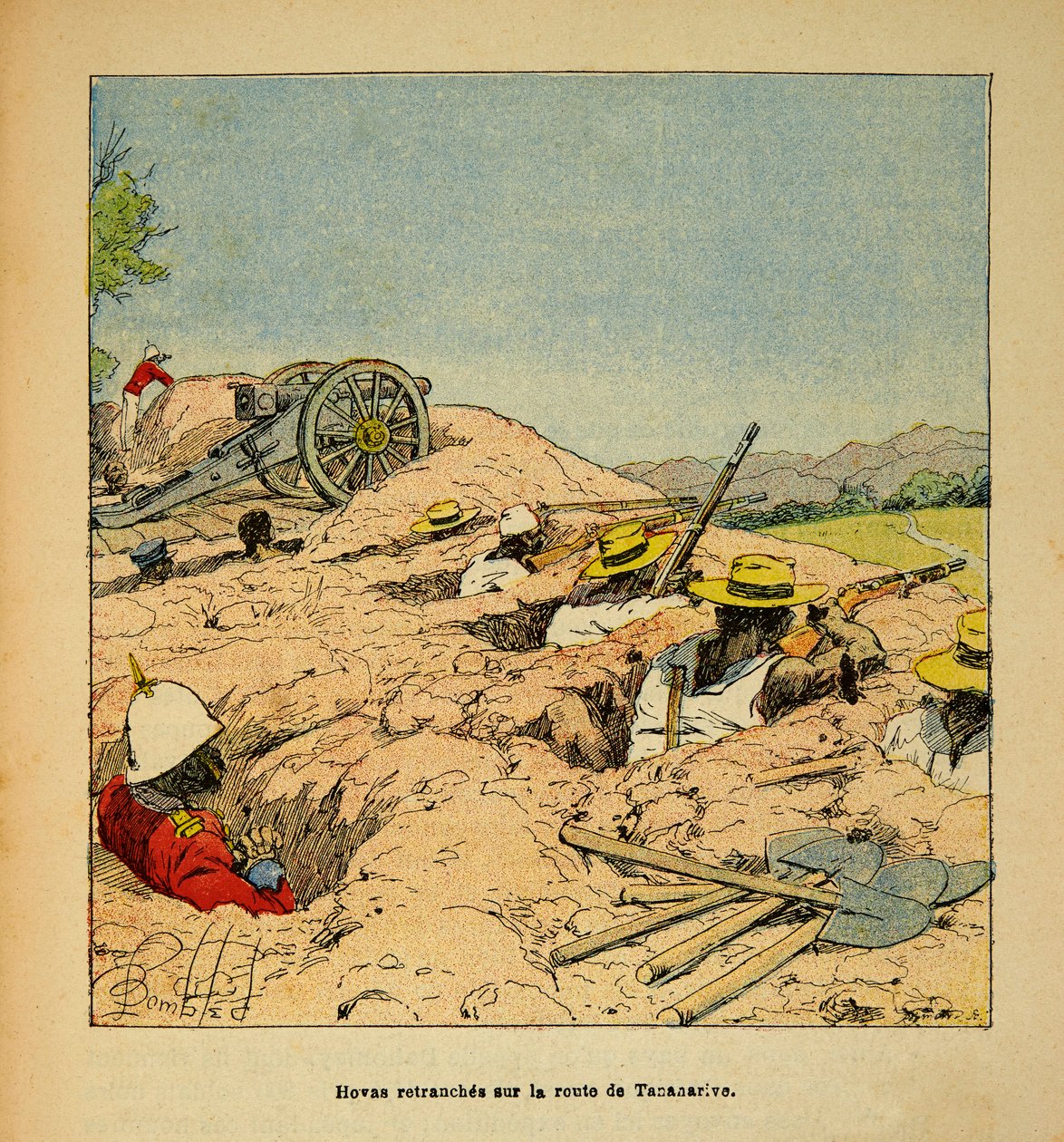 A guerra em Madagáscar - História das expedições francesas de 1885-1895 por Henri Galli dit Galllichet (1854-1922), ilustrada por Louis Bombled (1862-1927): Hovas troupe trenchees na estrada para Tannarive em 1895, Coleção Particular de Louis Charles Bombled