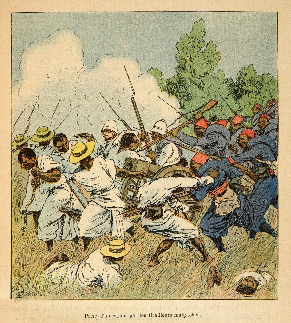 A guerra em Madagáscar - História anedótica das expedições francesas de 1885-1895 por Henri Galli dit Galllichet (1854-1922), ilustrada por Louis Bombled (1862-1927): O malgaxe apreendeu um canhão durante as batalhas de Ambolomonty em 1895, Coleção Privada de Louis Charles Bombled