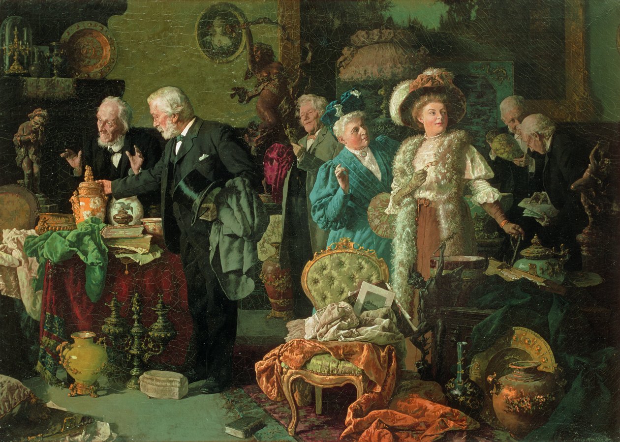 Conhecedores em uma loja de antiguidades (óleo sobre tela) de Louis Charles Moeller