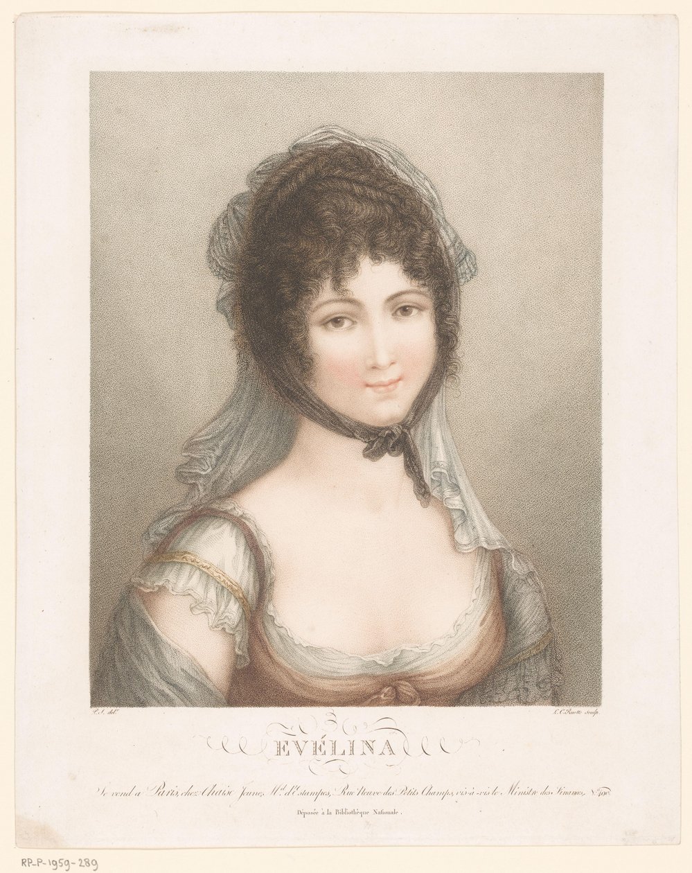 Jovem mulher com véu e cabelo encaracolado erguido
Evélina (título sobre o objecto) de Louis Charles Ruotte