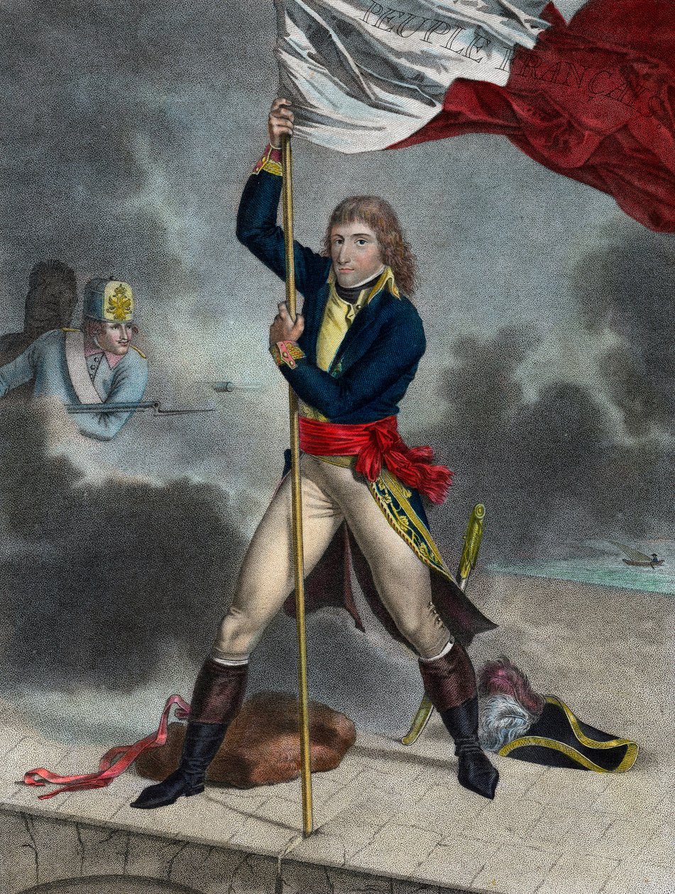 Napoleão Bonaparte durante a Batalha da Ponte de Arcole (Arcola), novembro de 1796 - Buonaparte General en Chefe da Armee da Itália plantando uma bandeira na ponte de Arcole em 1796 - gravura de Louis Charles Ruotte de Louis Charles Ruotte