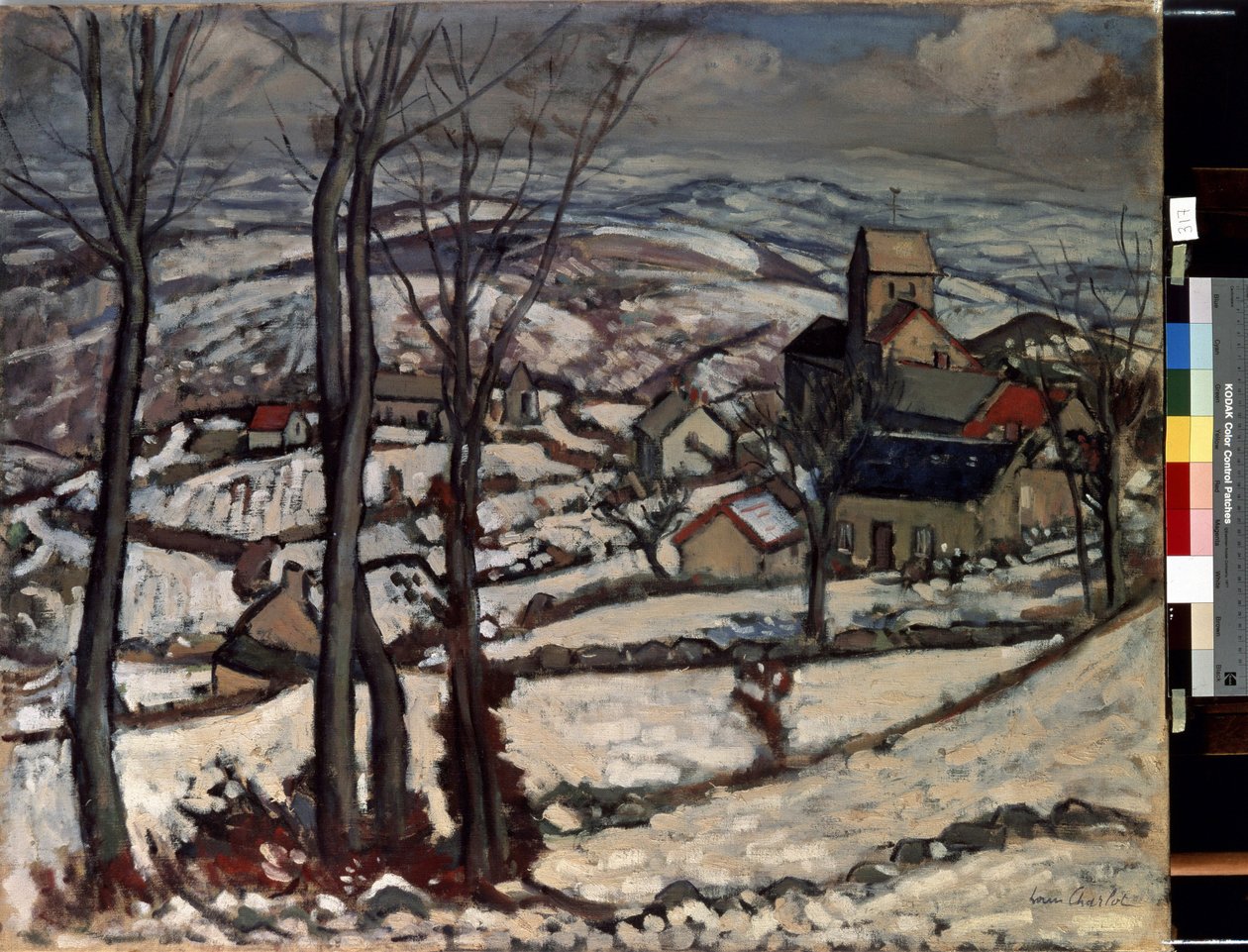 Aldeia em Morvan, debaixo da neve. Pintura de Louis Charlot (1878-1951) de Louis Charlot