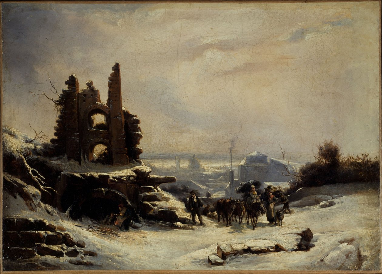 O regresso do mercado (efeito da neve em Paris), ca. 1830 (óleo sobre tela) de Louis Claude Mallebranche