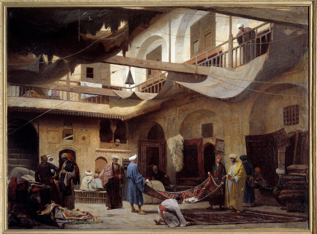 O bazar de tapetes no Khan-Khabil, no Cairo, em 1866. Pintura de Louis Claude Mouchot (1830-1891) de Louis Claude Mouchot