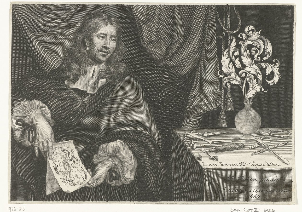 Impressão do título com o retrato de Louis Roupert Ornamentos para ourives (título da série) de Louis Cossin