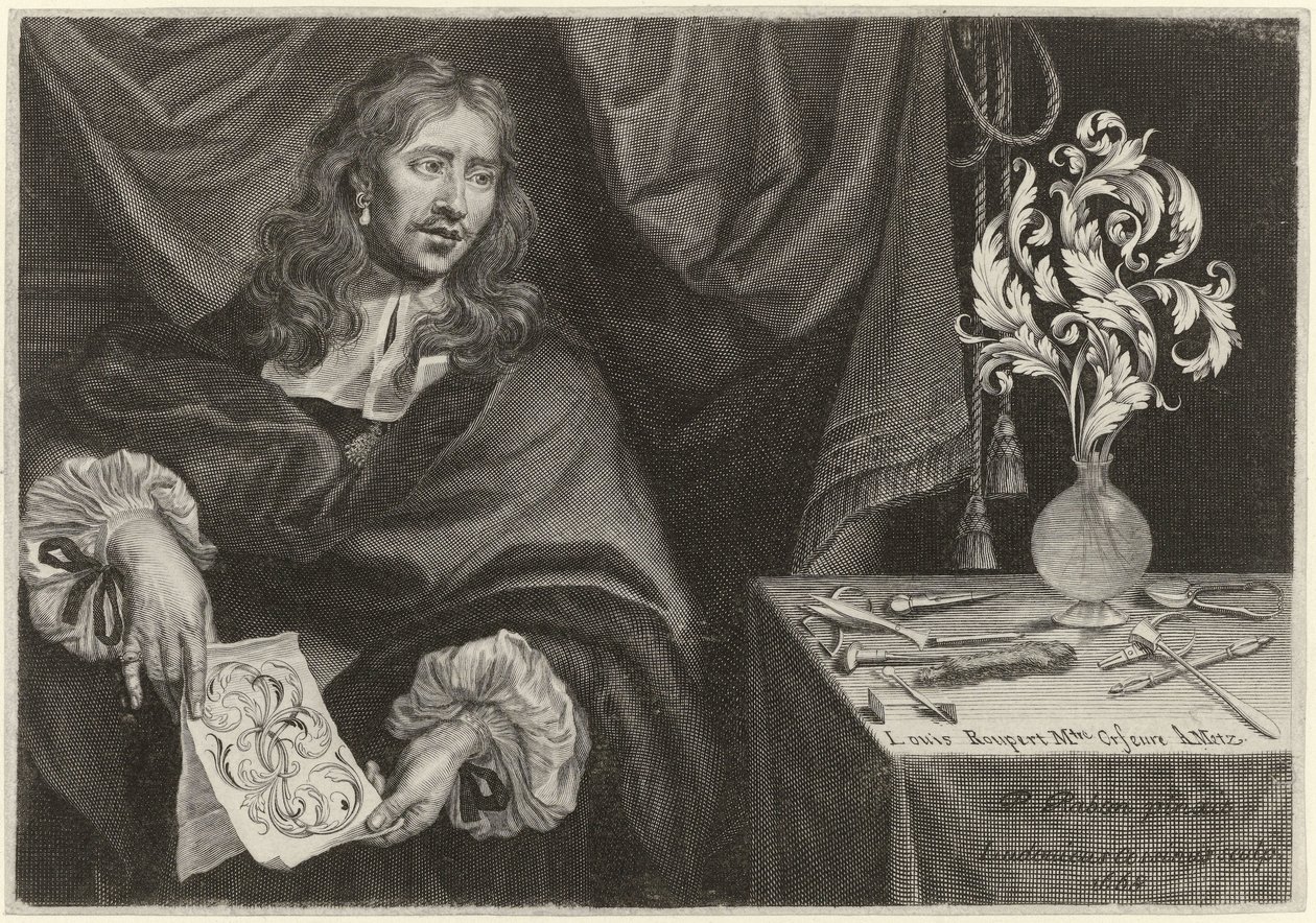 Impressão do título com o retrato de Louis Roupert Ornamentos para ourives (título da série) de Louis Cossin