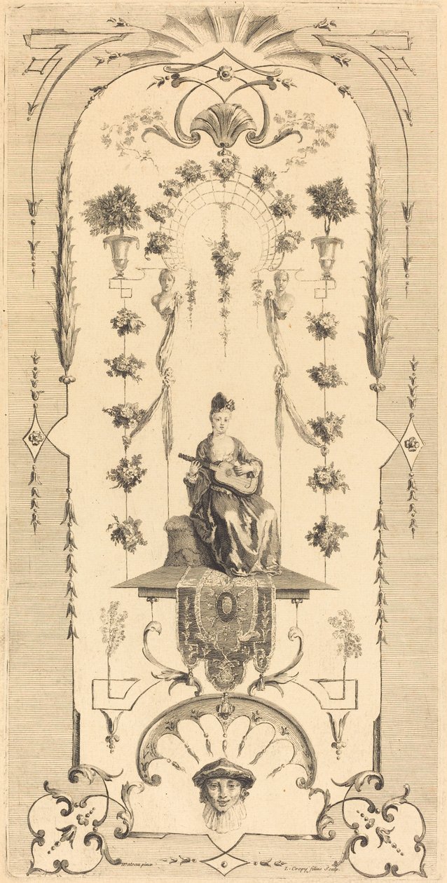 Mulher sentada tocando guitarra de Louis Crépy after Antoine Watteau