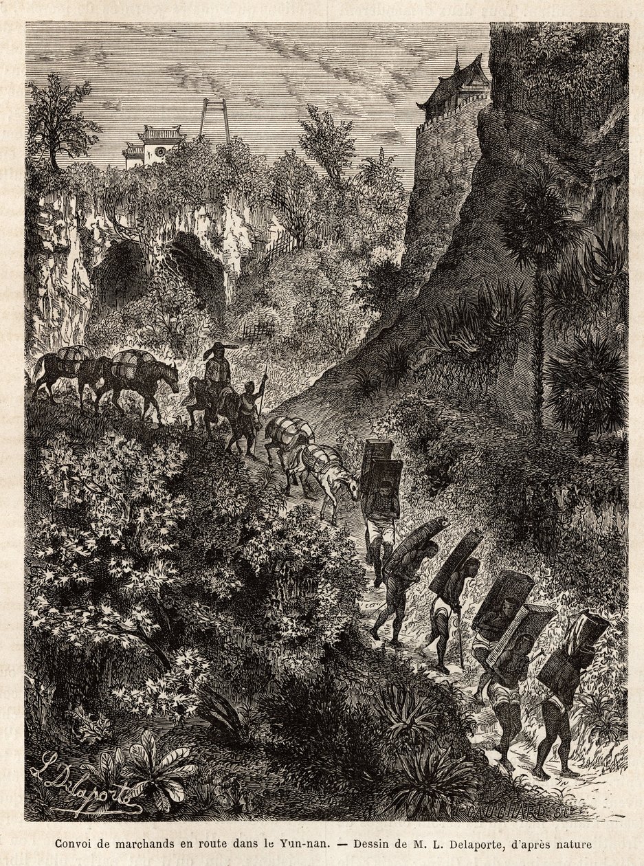 Um comboio de mercadores e seus carregadores a caminho de Yunnan (China), gravado após o desenho de L. Delaporte, para ilustrar a viagem de exploração na Indochina de Francis Garnier, tenente de navio, em 1866-1868, publicado em "Le tour du monde" 187 de Louis Delaporte