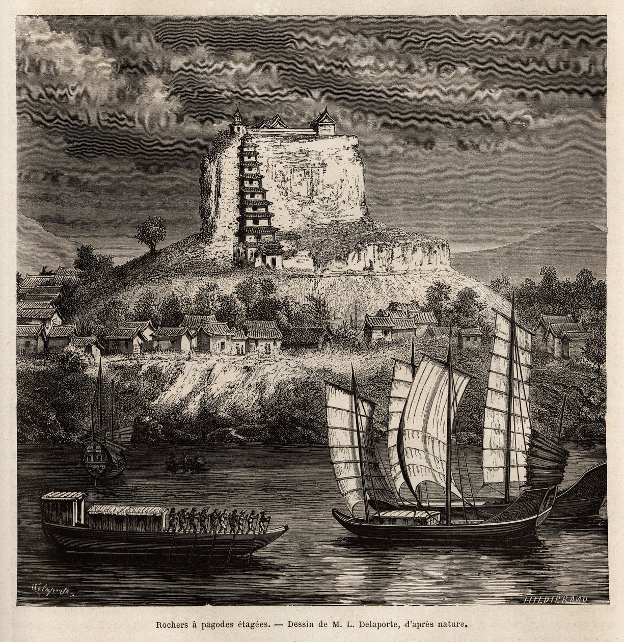 Uma rocha com palco pagode, e vários barcos no rio azul (China), gravado após o desenho de L. Delaporte, para ilustrar a viagem de exploração na Indochina de Francis Garnier, tenente de navio, em 1866-1868, publicado em "Le tour du monde de Louis Delaporte