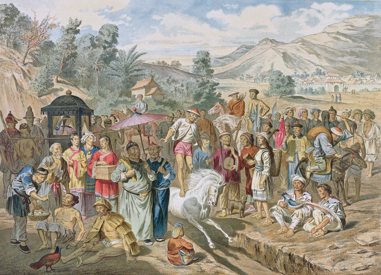 Exame dos Solteiros Militares em Sin-Tcheou-Fou, de "Atlas da Excursão de Exploração da Indochina" por Doudart de Lagree (1823-68), publicado em Paris 1874 de Louis Delaporte