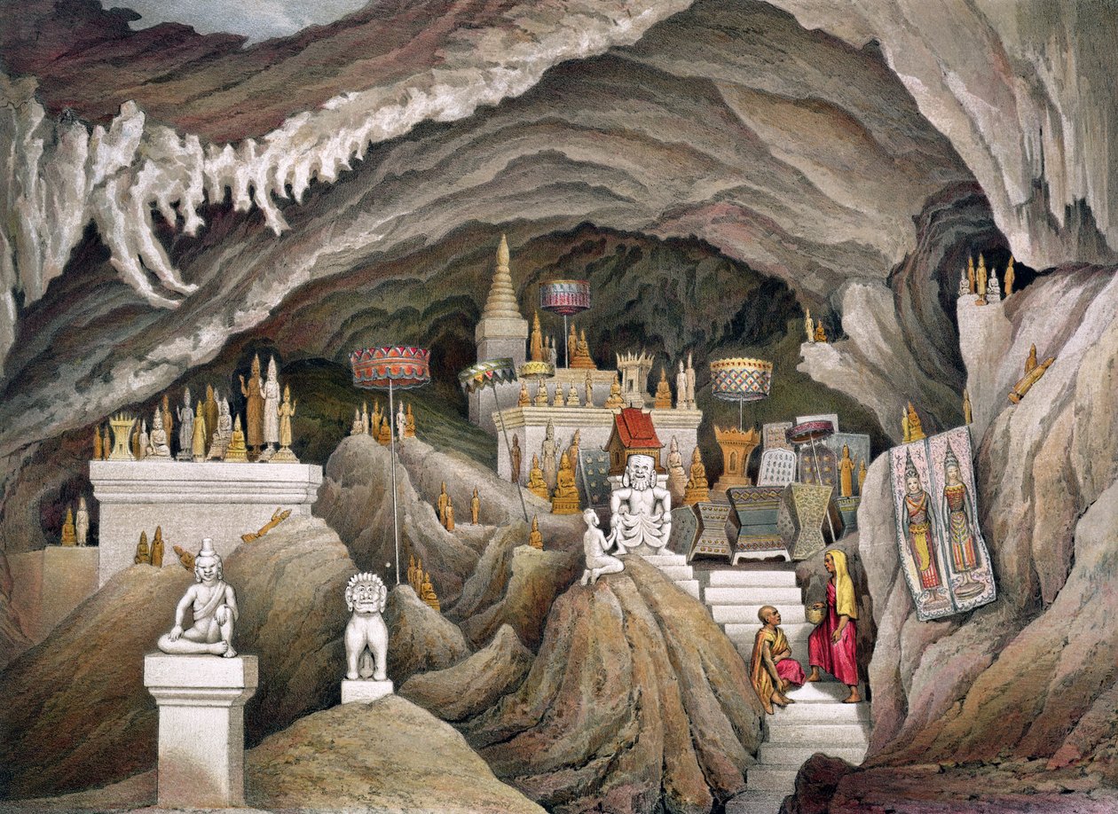 Interior da Gruta de Nam Hou, Laos, de "Atlas da Excursão de Exploração Indo-China, Realizada ao longo dos Anos de 1866, 1867 e 1868 por uma Comissão Francesa", de Francis Garnier, gravada por de Louis Delaporte