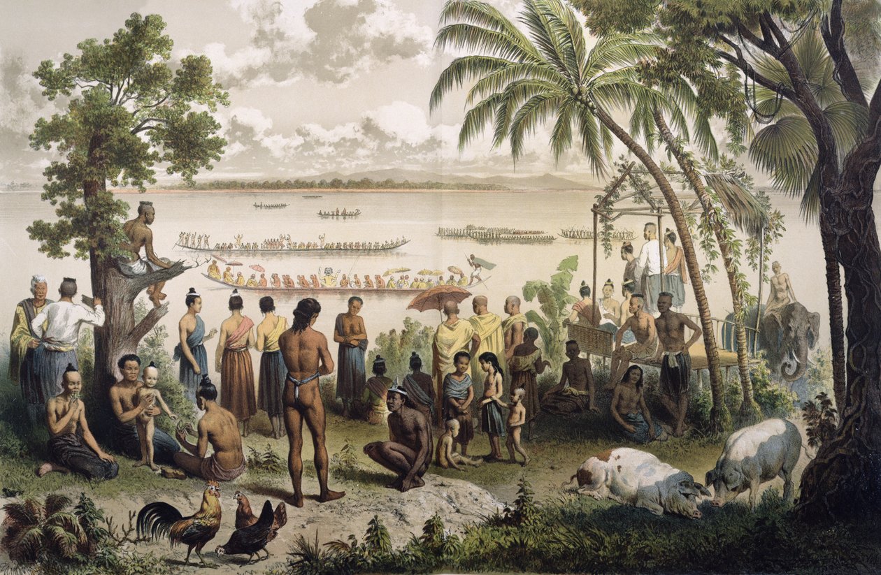 Raças pirogas no rio Bassac, de "Atlas du Voyage dExploration de l&39;Indochine" de Doudart de Lagree (1823-68), publicado em Paris em 1874 (ver 232562 para detalhes) de Louis Delaporte