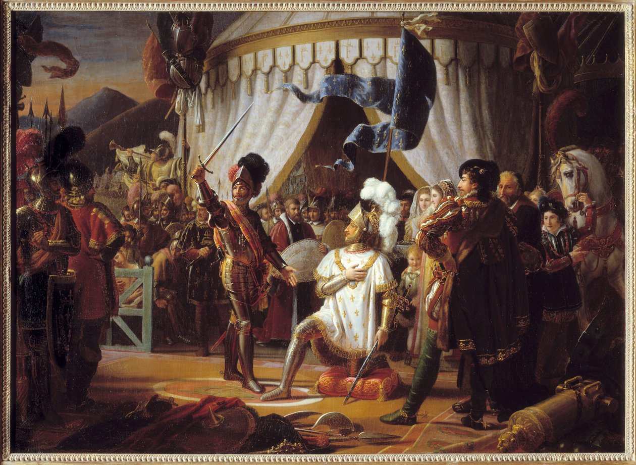Francisco I da França pede para ser nomeado cavaleiro pelo Chevalier Bayard após a vitória na Batalha de Marignano, Itália, 1515 - de Louis Ducis