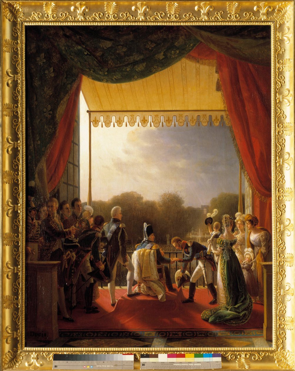 Luís XVIII, rodeado por membros da família real, assistiu à varanda das Tuileries, aquando do regresso do exército de Espanha, em 2 de Dezembro de Louis Ducis