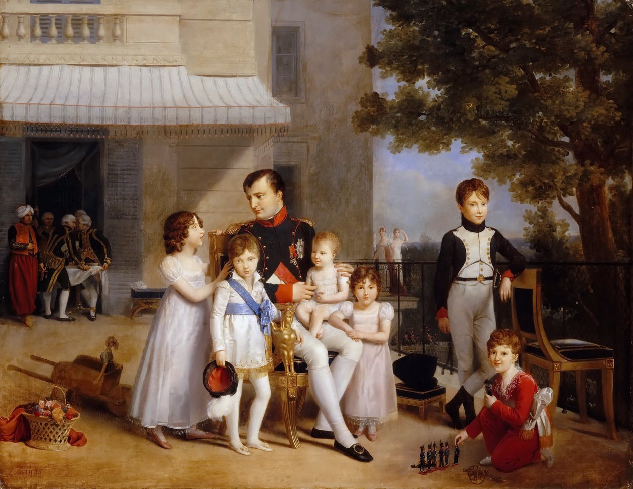 O imperador Napoleão I no terraço do castelo Saint-Cloud cercado por seus filhos de Louis Ducis