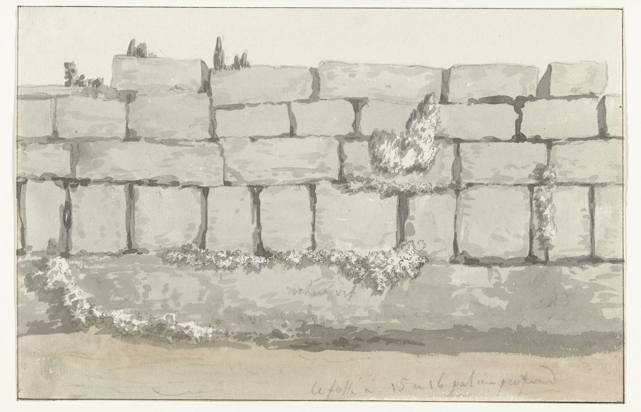 Buitenkant van de buitenmuur van de antieke tempel in de oude stad Manduria
Estrutura exterior da parede exterior da antiga Manduria
Viagem a Itália, Sicília e Malta - 1778 (título da série) de Louis Ducros