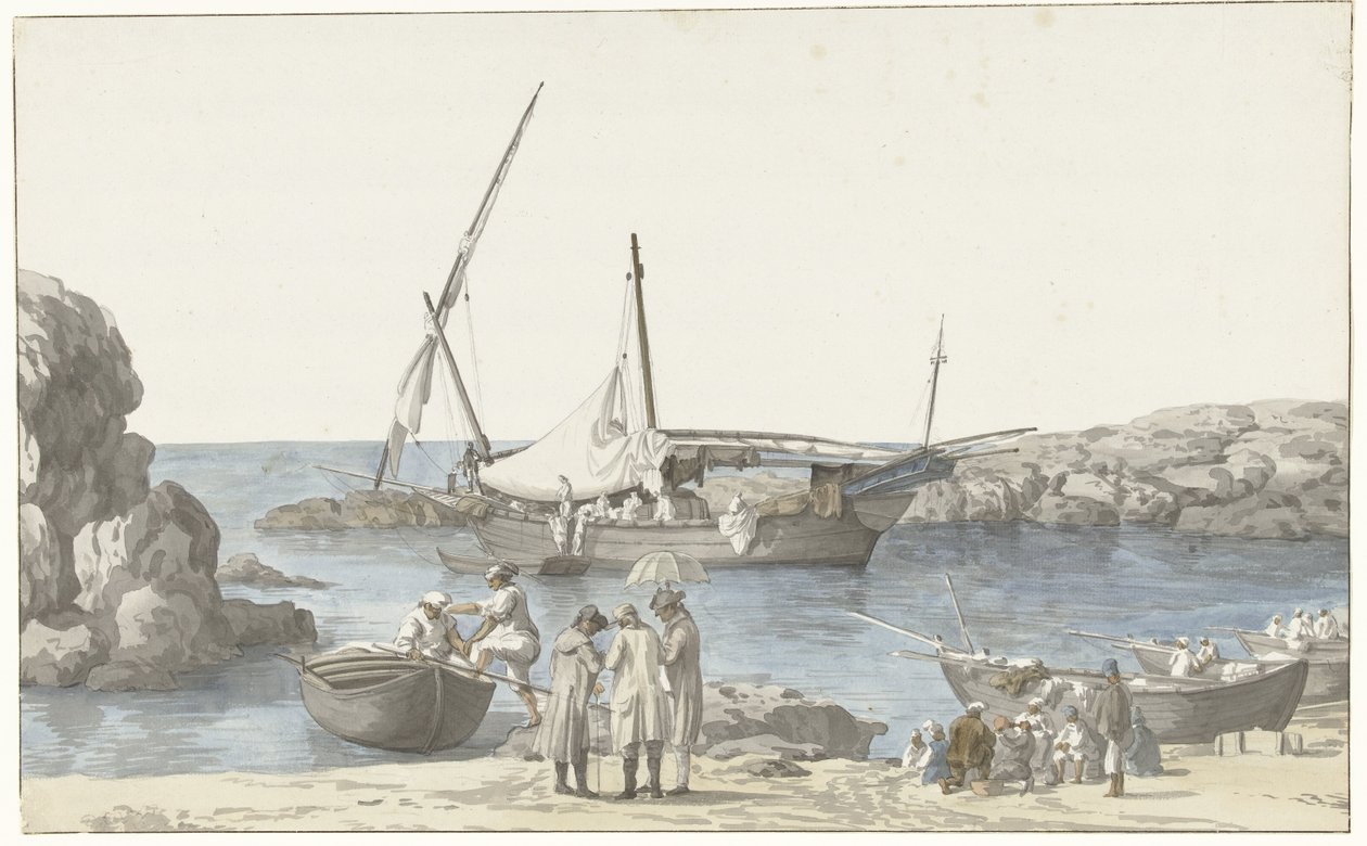 Gezicht op Taranto em paraíso de Luogo Vivo Vista do nosso edifício Tarentin e do porto do aterramento nº anterior (título no objeto) Viagens na Itália, Sicília e Malta- 1778 (título da série) de Louis Ducros