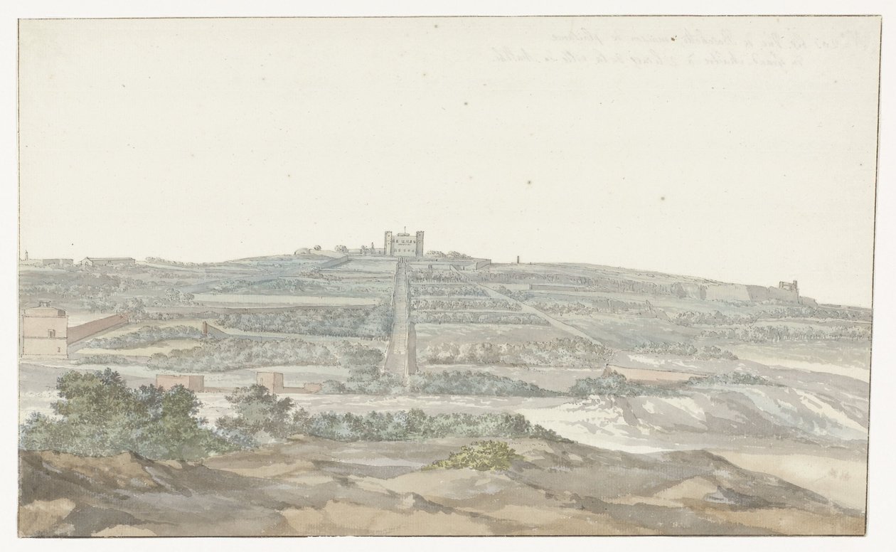 Vista do Palácio Vedala do Grão-Mestre, localizado no Boschetto em Malta Vue de Boschetto, maison de plaisance du Grand-Maître, à 2 lieus de la ville de Malthe (título no objeto) Voyage en Italy, e Sicile et à Malte - 1778 (título da série) de Louis Ducros