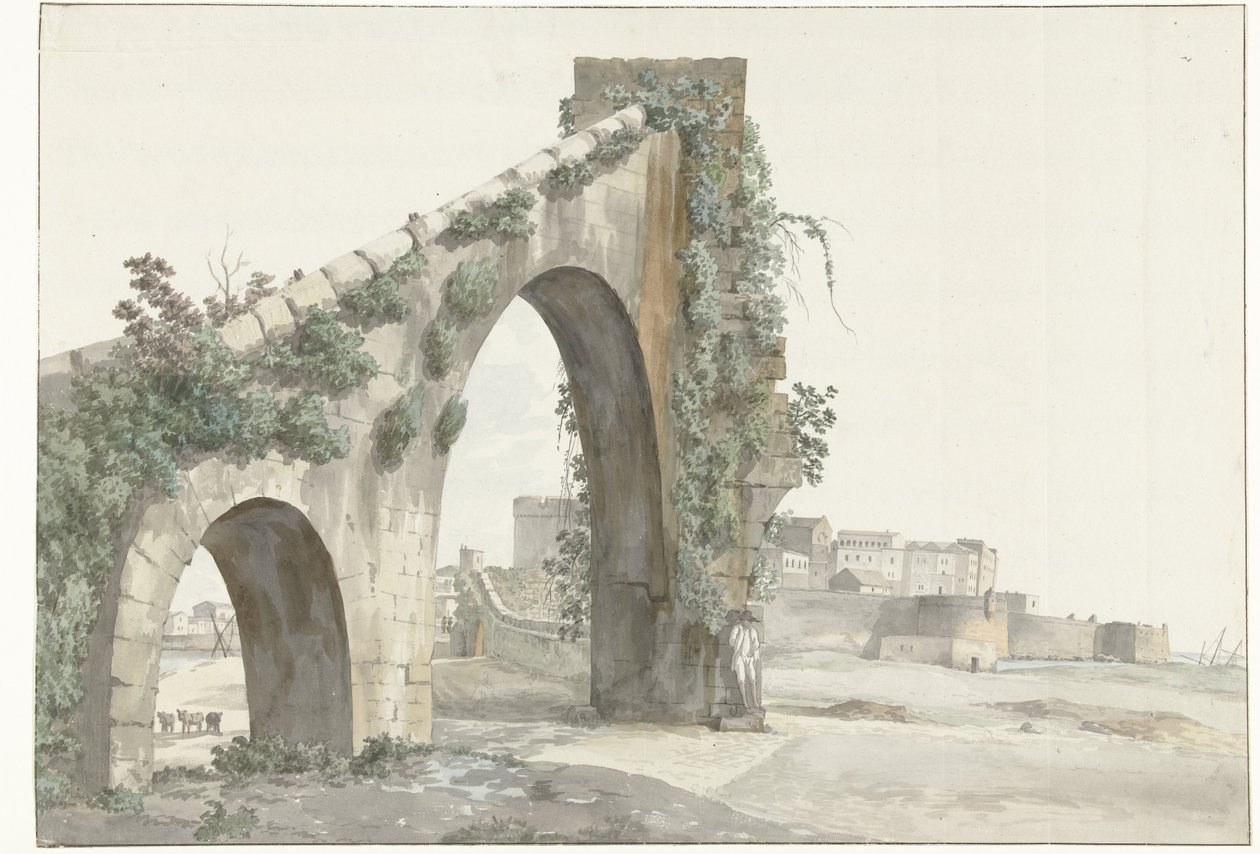 Gezicht op aquaduct na cidade de Taranto Vista do Aquaduct e da cidade de Taranto (título no objeto) Viagens na Itália, Sicília e Malta - 1778 (título da série) de Louis Ducros