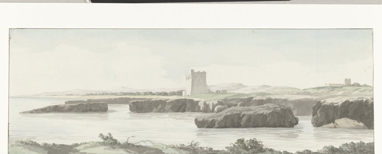Gezicht op de kust van de Adriatische zee met een observatietoren aan de overzijde van Monopoli
Vista de uma torre de observação na costa do Adriático para além de Monopoli, vista a 3 milhas de distância (título sobre o objecto)
Viagem a Ita de Louis Ducros