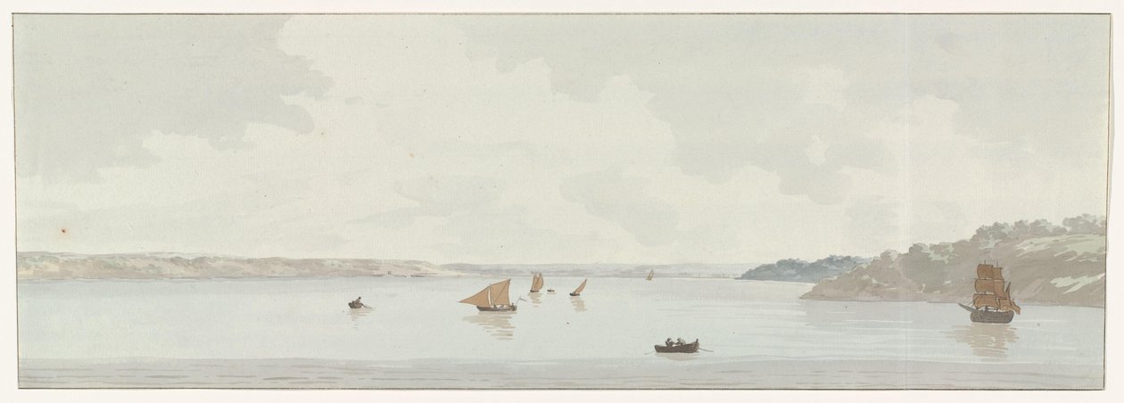 Gezicht op een deel van het Mare Piccolo Vista de parte do Mare Piccolo, onde ficava a localização da ponte velha, a foz do Galesus (título no objeto) Viagens na Itália, Sicília e Malta - 1778 (título da série) de Louis Ducros