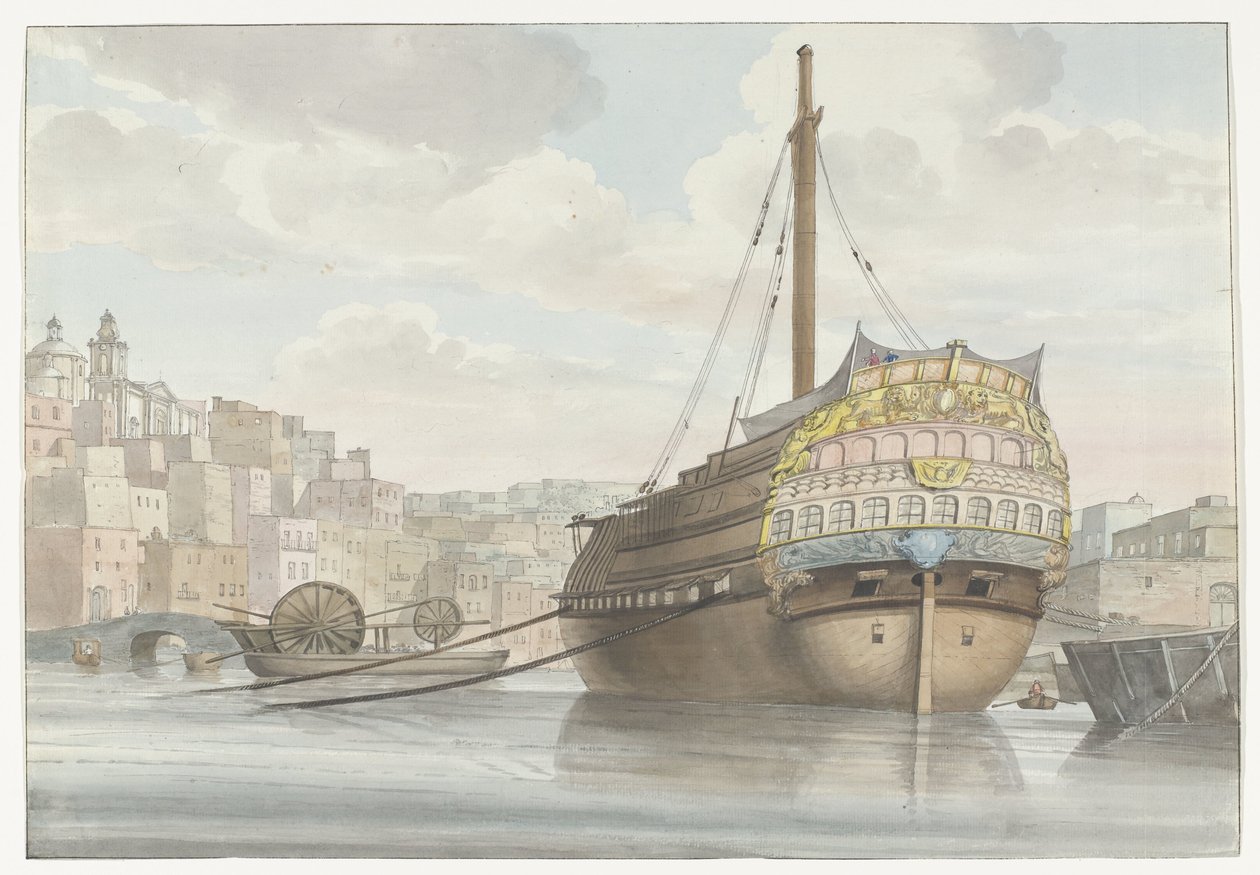 Gezicht op have met galei schip vlakbij de werf Vista do fundo do Port des Galères em Malthe, tirada do site (título no objeto) Viagens na Itália, Sicília e Malta - 1778 (título da série) de Louis Ducros