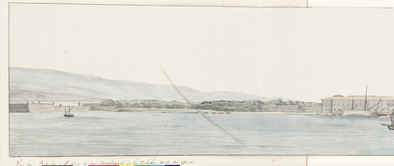 Gezicht op paraíso de Messina em bergen van Calabrië vanaf kade Vista do Porto de Messina e das montanhas da Calábria, tirada do Cais (título no objeto) Viagens na Itália, Sicília e Malta - 1778 (título da série) de Louis Ducros