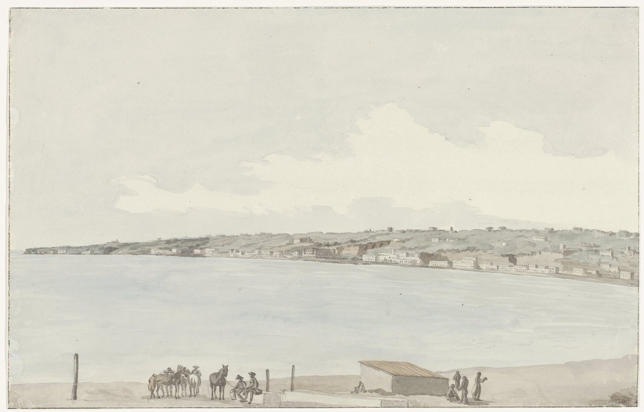 Vista do promontório de Pausilype com o antigo palácio da Rainha Jeanne e o campo de Sannazar a partir da varanda da estalagem
Vue du Promontoire de Pausilype, prise du balcon de notre auberge où se trouvent l