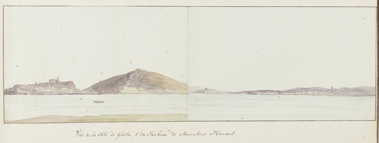 Gezicht op kust van Gaeta en mausoleum van Munatius Plancus (Lucio Munazio Planco)
Vista da costa de Gaeta, & do Túmulo de Munatius Plancus (título sobre o objecto)
Viagem a Itália, Sicília e Malta - 1778 (título da série) de Louis Ducros