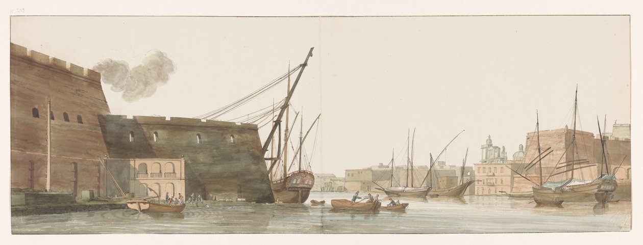 Gezicht op werf in haven van galei schepen te Malta
Vista do estaleiro no porto da Galleys em Malta (título sobre o objecto)
Voyage en Italie, en Sicile et à Malte - 1778 (título da série) de Louis Ducros