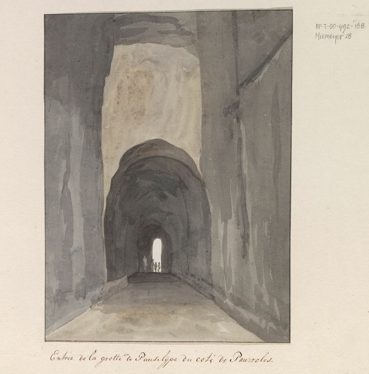 Ingang van grot Crypta Neapolitana (de Grotta di Posillipo) aan de kust van Pozzuoli
Entrada na caverna Pausilype do lado de Pozzuoli (título sobre o objecto)
Viagem a Itália, Sicília e Malta - 1778 (título da série) de Louis Ducros