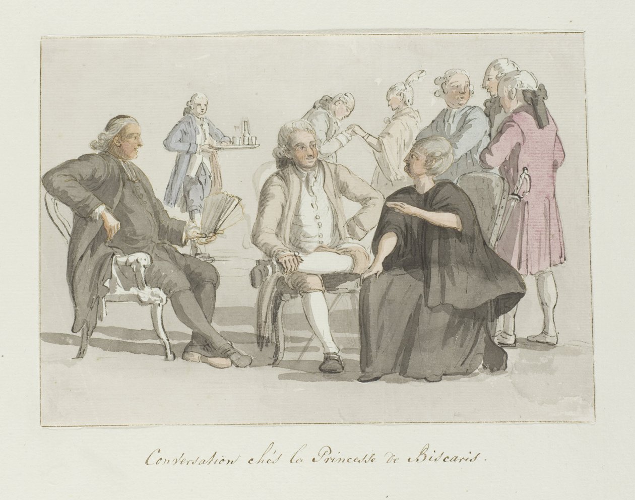 Membros da festa itinerante em conversa com a princesa de Biscaris
Conversa chés la Princesse de Biscaris (título sobre o objecto)
Voyage en Italie, en Sicile et à Malte - 1778 (título da série) de Louis Ducros