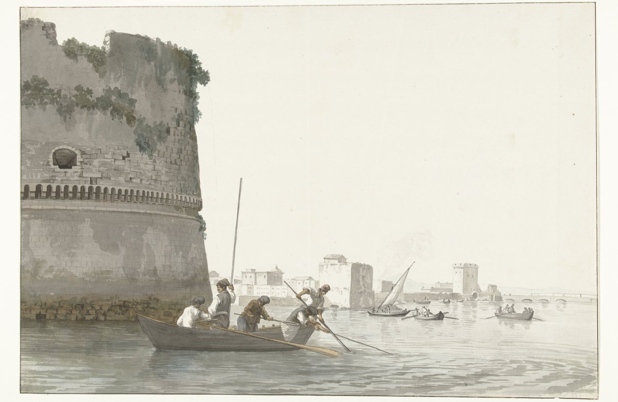 Mosselvissers op Mare Piccolo bij de vestingwerken van Taranto
Pesca de mexilhões no Piccolo de Taranto visto da esquina da Cidadela (título sobre o objecto)
Voyage en Italie, en Sicile et à Malte - 1778 (título da série) de Louis Ducros