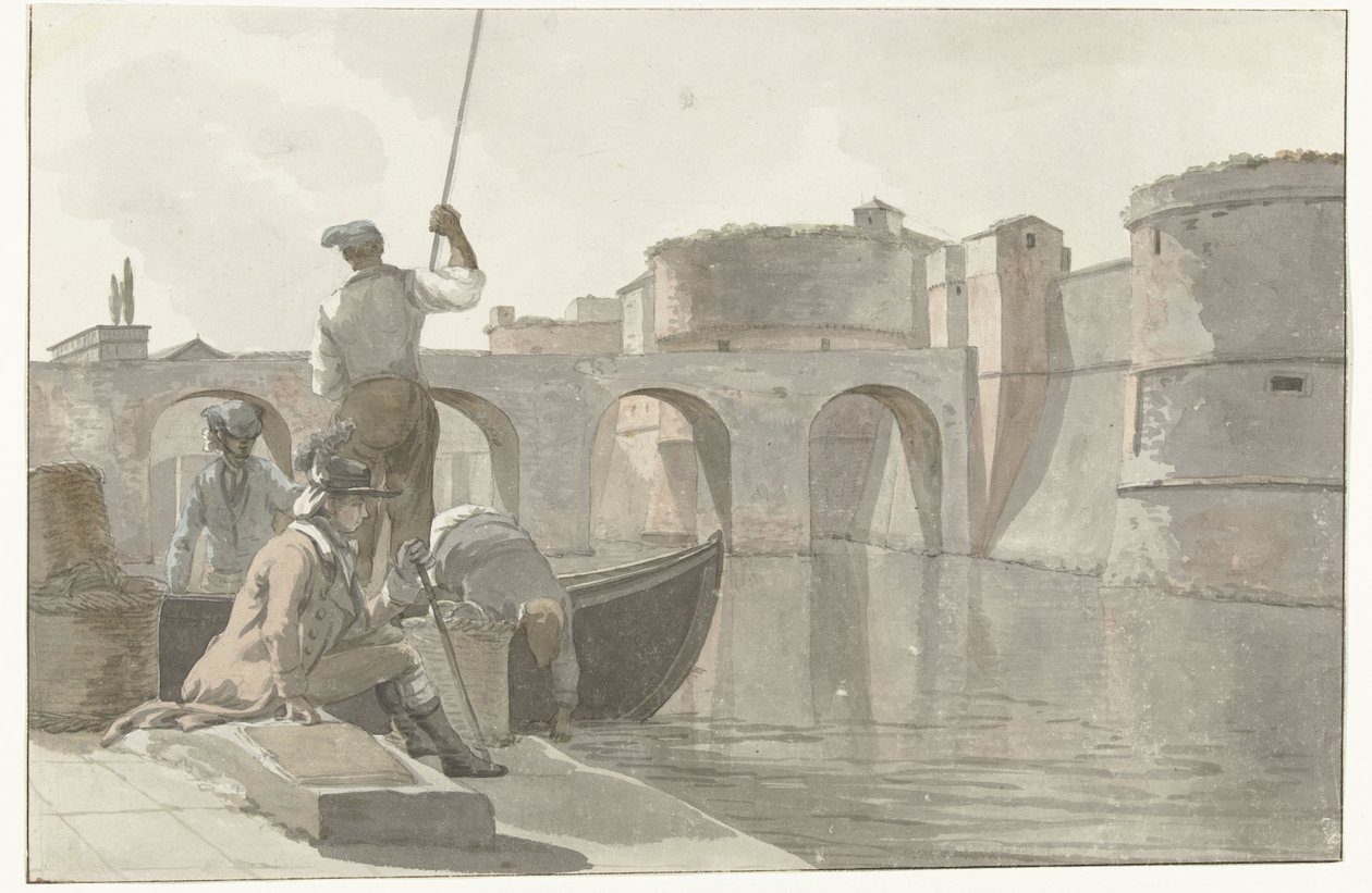 Nova vestingsgracht van de vestingwerken em Taranto Vista do novo fosso da Cidadela de Taranto (título no objeto) Viagens na Itália, Sicília e Malta - 1778 (título da série) de Louis Ducros
