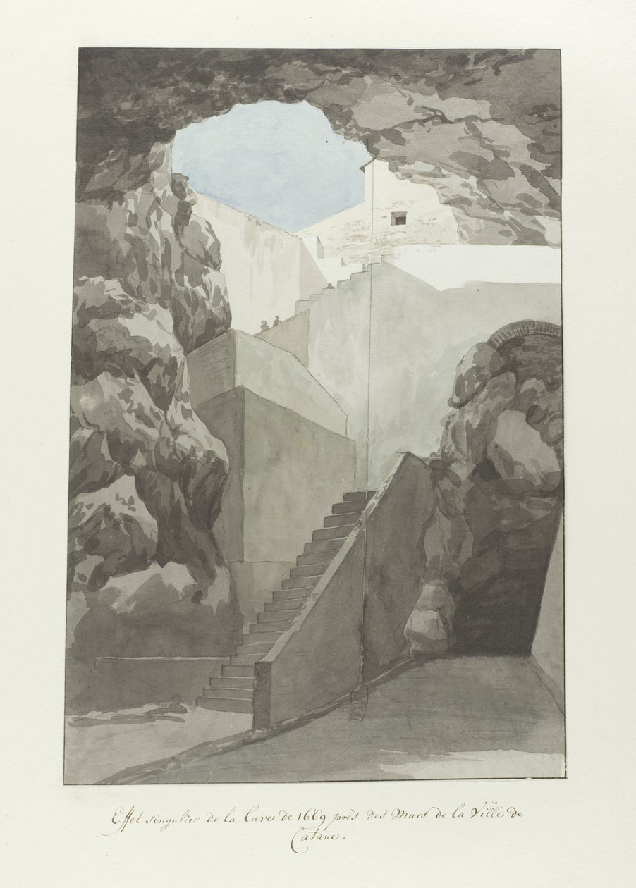 Rochas de lava notáveis ​​de 1669 nas muralhas da cidade de Catania Efeito singular de la lave de 1669 près des mur de Catane (título no objeto) Voyage en Italy, e Sicile et à Malte - 1778 (título da série) de Louis Ducros