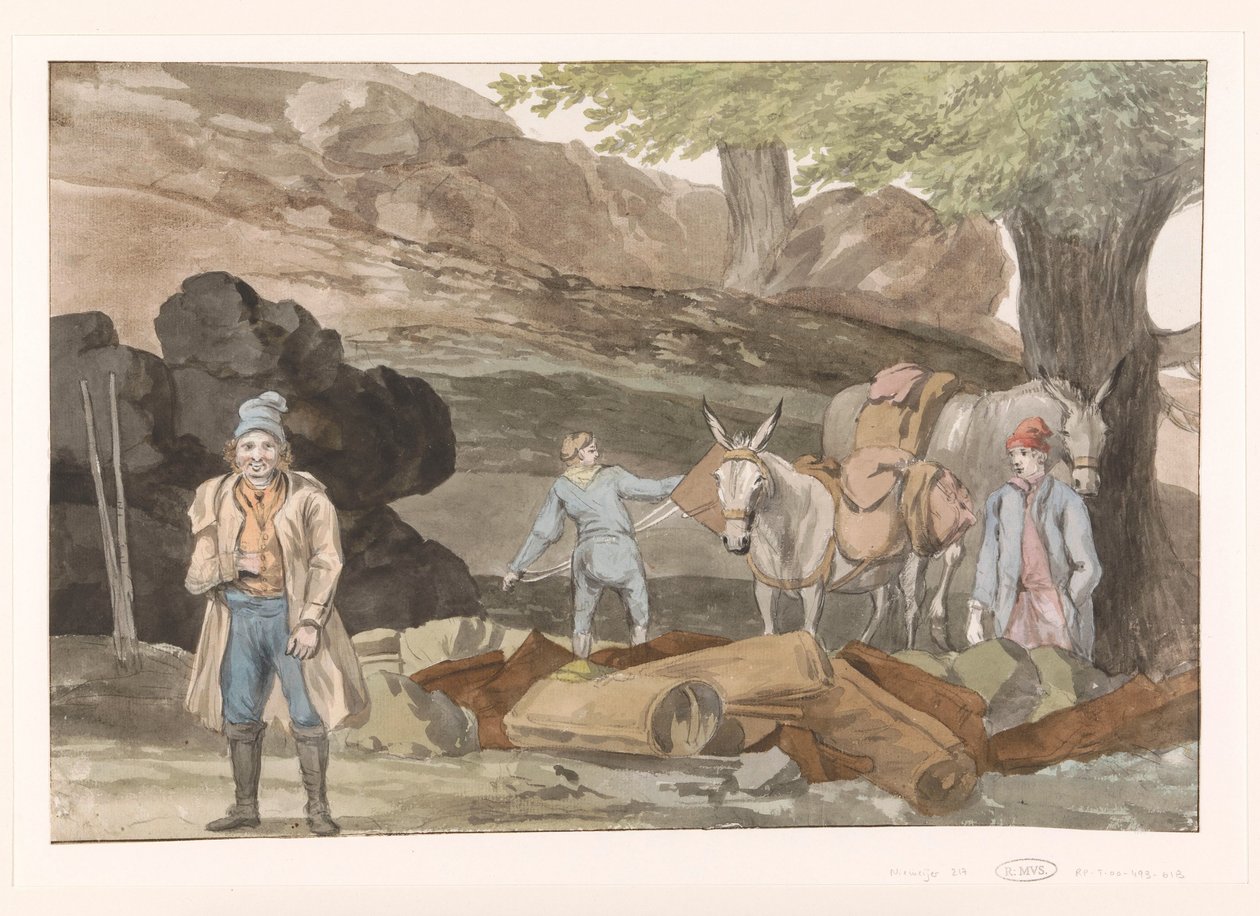 Oponthoud bij de Grotte delle Capre aan de grens bij Nemorosa en Fredda Pare na caverna delle Capre nas fronteiras das duas Regiões Nemorosa & Fredda (título no objeto) Viagens na Itália, Sicília e Malta - 1778 (título da série) de Louis Ducros