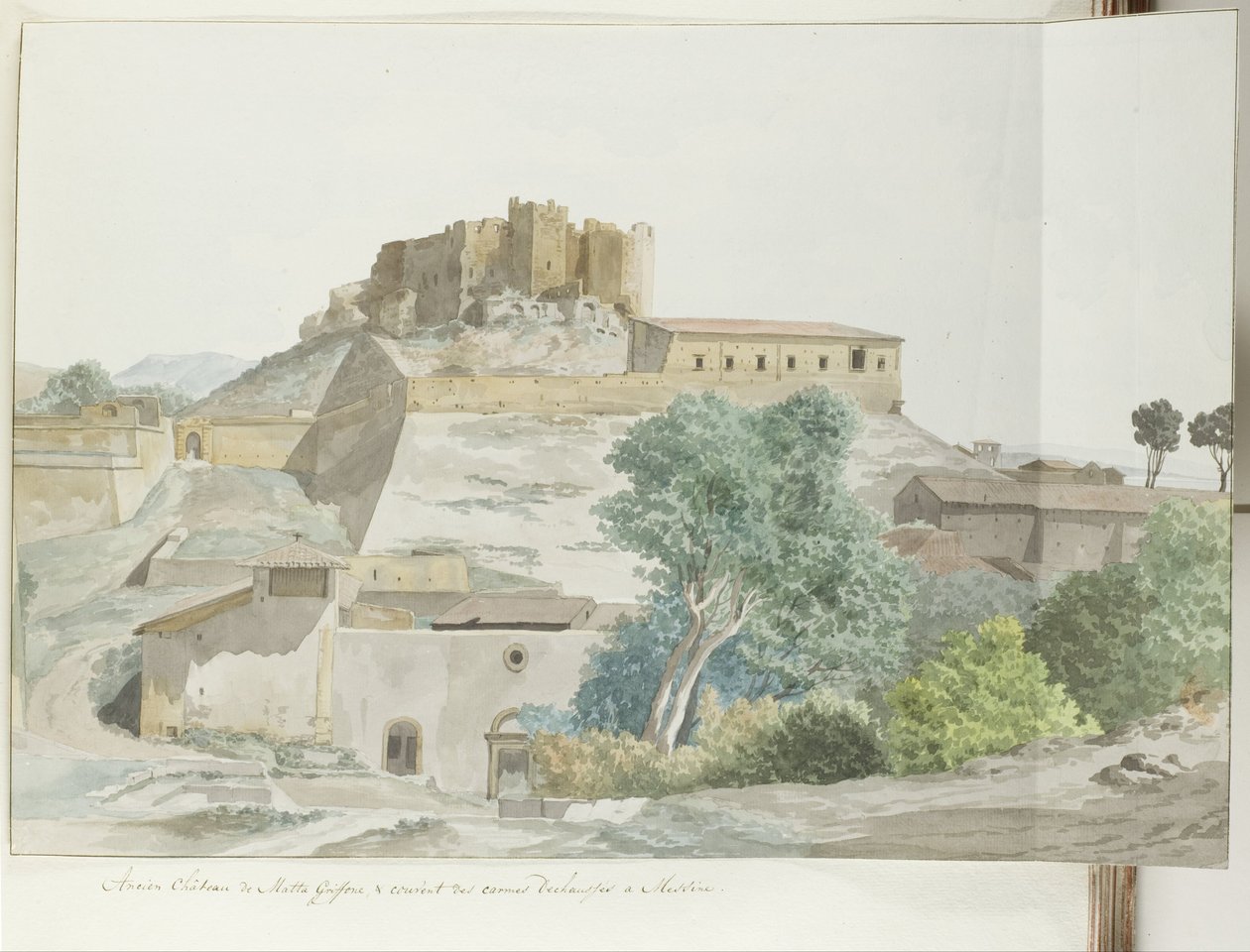 Oude kasteel van Mata en Grifone en het karmelieten klooster, grondvesten van Messina
Antigo Castelo de Matta Griffone, & convento das Carmelitas Descalças em Messina (título sobre o objecto)
Viagem a Itália, Sicília e Malta - 1778 (título da série) de Louis Ducros