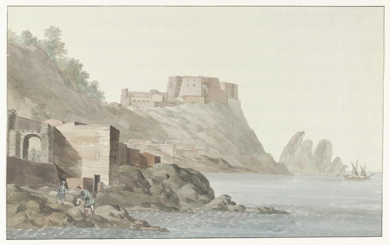Arrotos na cidade Scilla in de regio Calabrië aan de oostkust Rock & Town of Scilla na Calábria; vista tirada do lado leste (título no objeto) Viagens na Itália, Sicília e Malta - 1778 (título da série) de Louis Ducros
