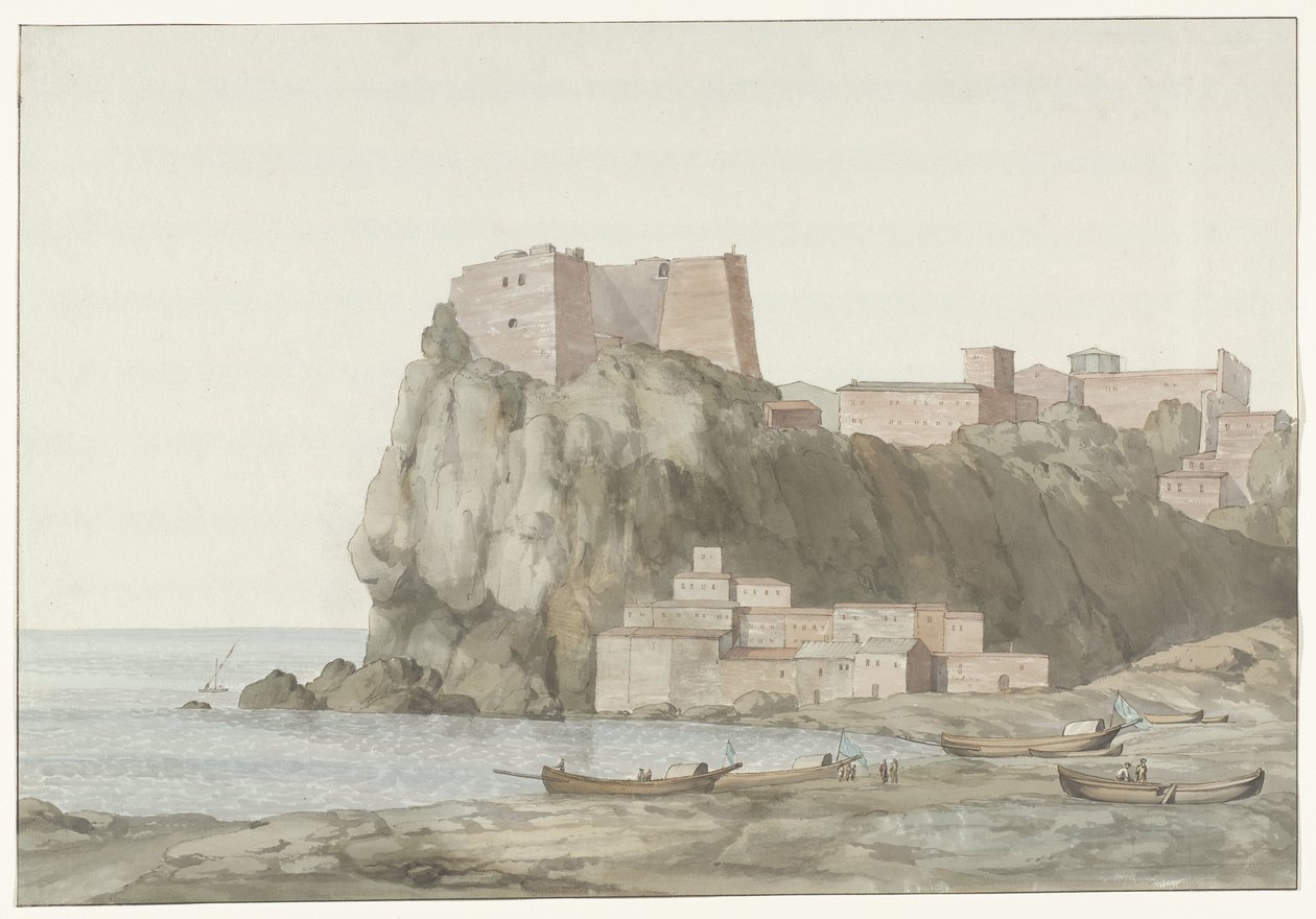 Arrotos na cidade Scilla in de regio Calabrië aan de westkust Rock & Town of Scilla na Calábria; vista tirada do lado do pôr do sol (título no objeto) Viagens na Itália, Sicília e Malta - 1778 (título da série) de Louis Ducros