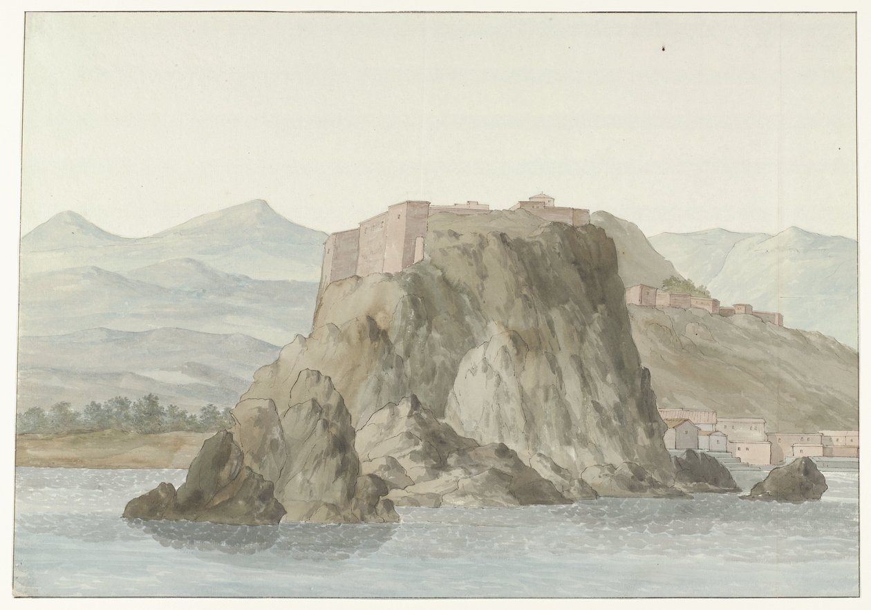 Rocha e cidade de Scilla na região da Calábria vista do mar no lado norte
Rocher & Ville de Scilla en Calabre; vue prise en mer, du côté du Nord (título sobre o objecto)
Voyage en Italie, en Sicile et à Malte - 1778 (título da série) de Louis Ducros