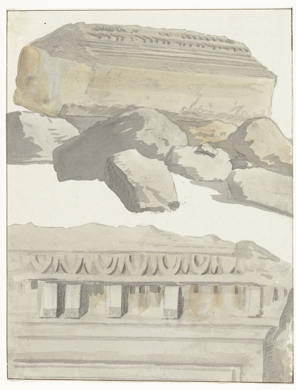 Twee stukken van een architraaf van de antieke temple em de oude stad Manduria Vista de uma sala da arquitrave do antigo templo na antiga cidade de Manduria Viagens na Itália, Sicília e Malta - 1778 (título da série) de Louis Ducros