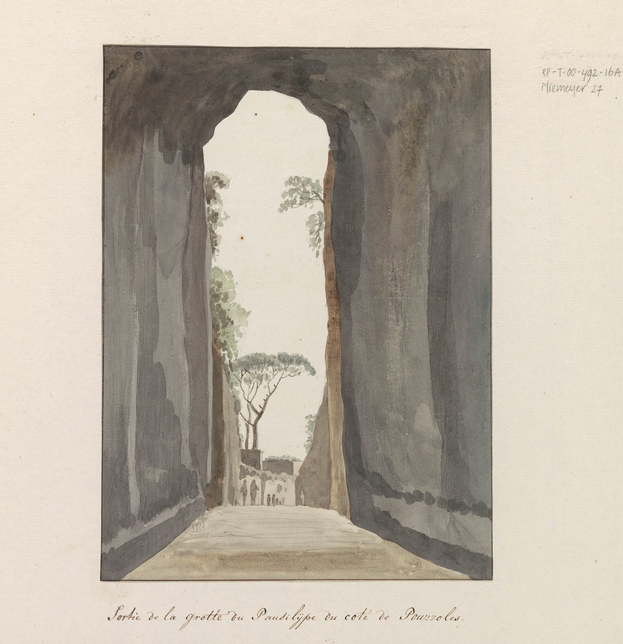 Uitgang van grot Crypta Neapolitana (de Grotta di Posillipo) aan de kust van Pozzuoli Saída da caverna Pausilype perto de Pozzuoli (título no objeto) Viagens na Itália, Sicília e Malta - 1778 (título da série) de Louis Ducros