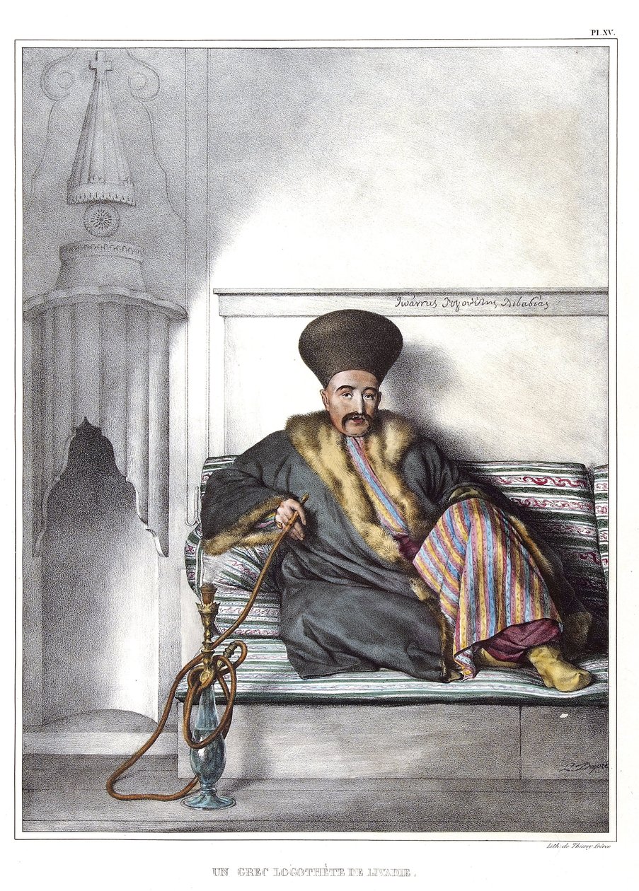 Um logothete grego de Livadie. em "Journey to Athenes and Constantinople, ou coleção de retratos gregos e otomanos, vistas e fantasias, pintados em lugares depois da natureza, litografias e colórias por Louis Dupre (1789-1837), aluno de David.1825. de Louis Dupré