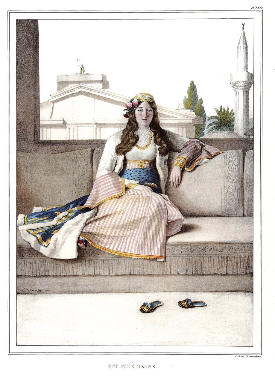 Um ateniense. em "Journey to Athenes and Constantinople, ou coleção de retratos gregos e otomanos, vistas e figurinos, pintados em lugares de depois da natureza, litografias e colórias por Louis Dupre (1789-1837), aluno de David.1825. de Louis Dupré