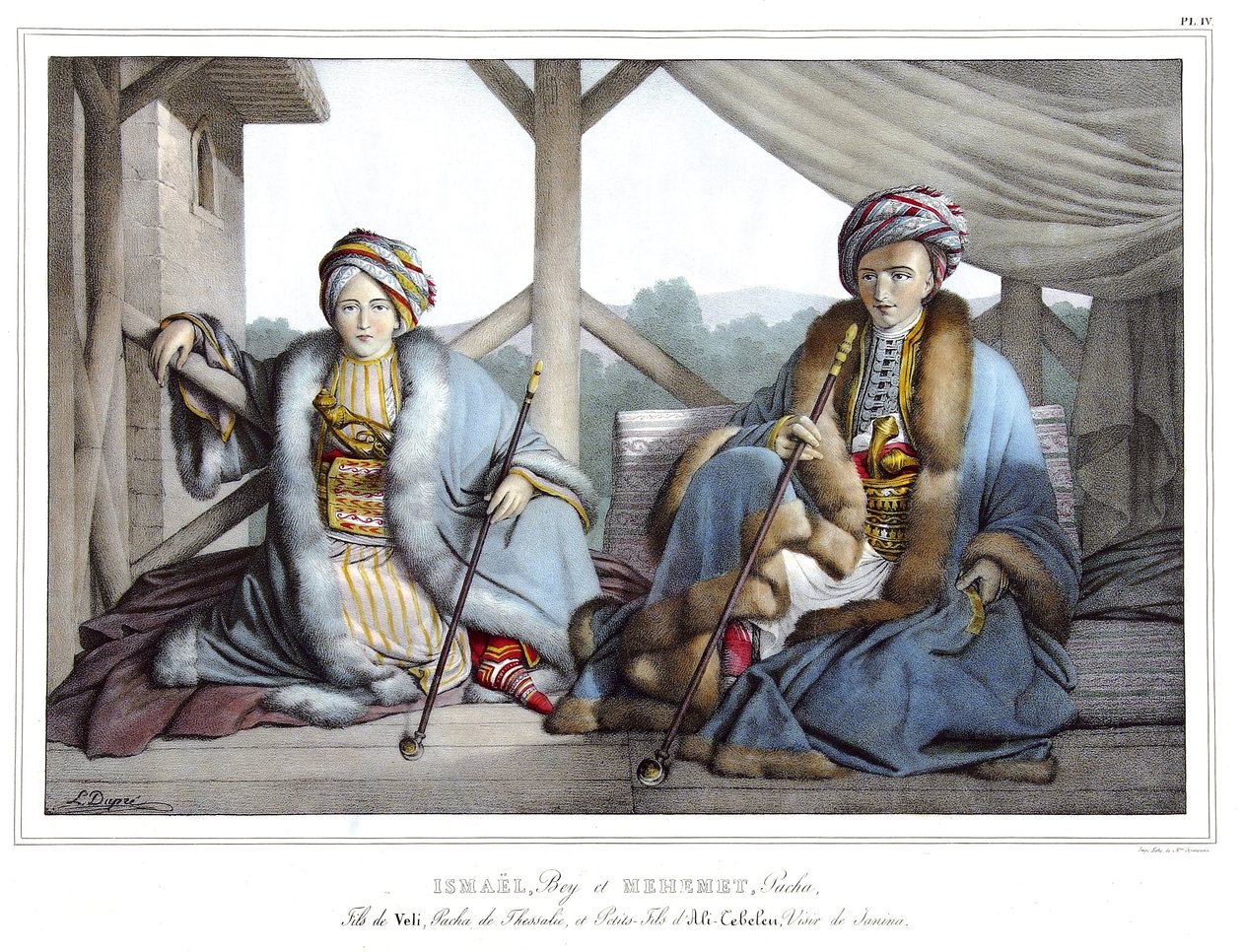 Ismael, Bey e Mehemet Pasha, filho de Veli, pasha de Tessália e neto de Ali Tebelen (1741-1822), vizir de Janina, em "Viagem a Atenas e Constantinopla, ou coleção de retratos gregos e otomanos, vistas e figurinos, pintados em lugares de natu de Louis Dupré