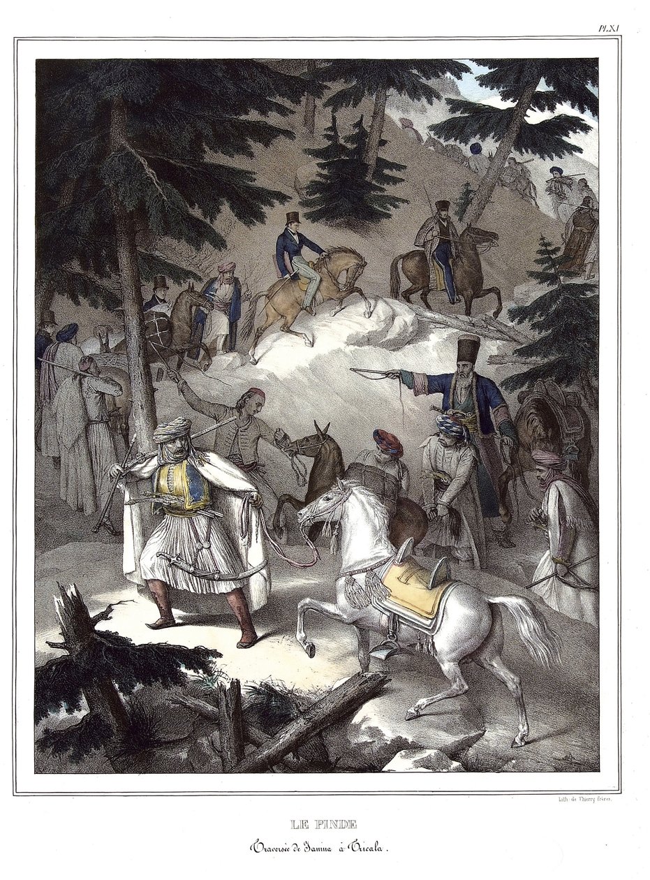 Le Pinde, traversee de Janina a Tricala. em "Journey to Athenes and Constantinople, ou coleção de retratos gregos e otomanos, vistas e figurinos, pintados em lugares depois da natureza, litografias e colórias de Louis Dupre (1789-1837), aluno de David.1825 de Louis Dupré
