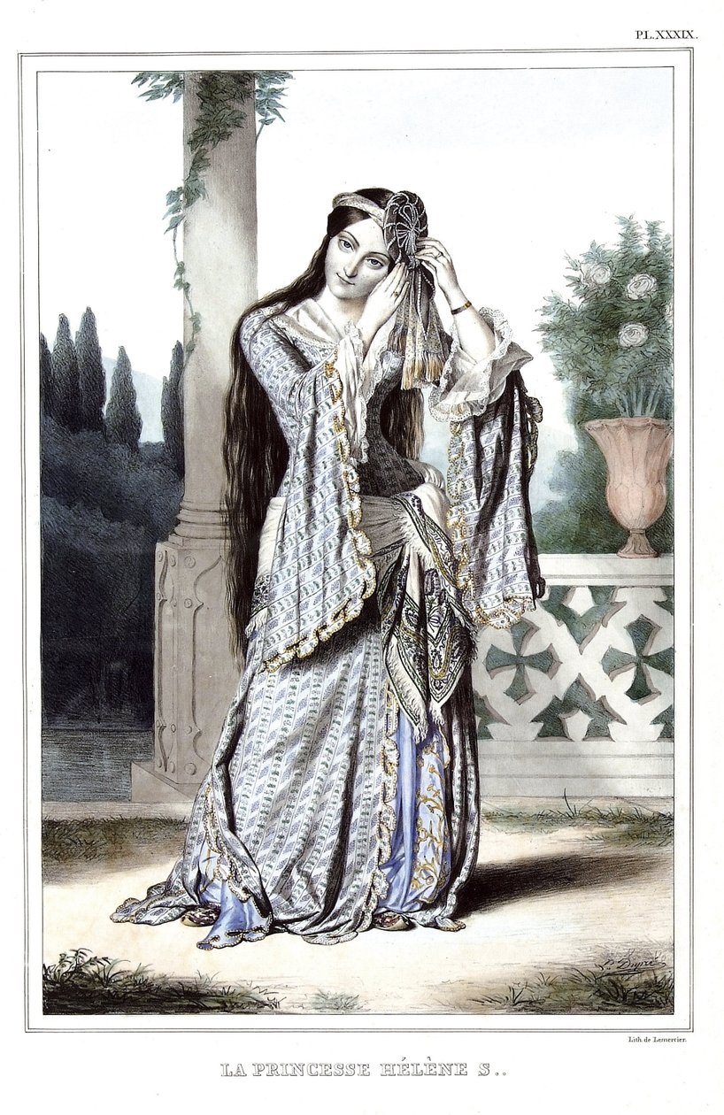Princesa Helene Soutzo. em "Journey to Athenes and Constantinople, ou coleção de retratos gregos e otomanos, vistas e figurinos, pintados em lugares de depois da natureza, litografias e colórias por Louis Dupre (1789-1837), aluno de David.1825. de Louis Dupré