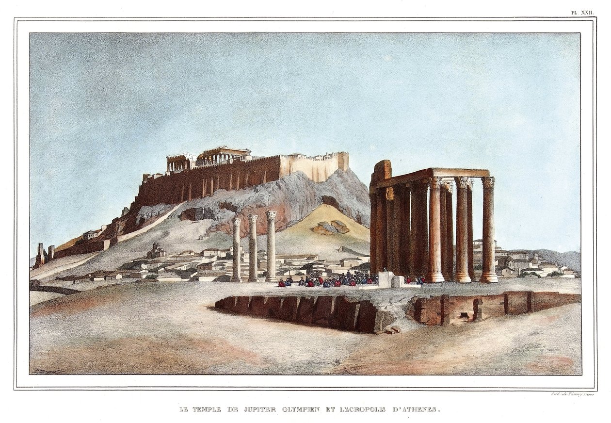 O Templo de Júpiter Olímpico e a Acrópole de Atenas. em "Journey to Athenes and Constantinople, ou coleção de retratos gregos e otomanos, vistas e figurinos, pintados em lugares da natureza, litografias e colórias de Louis Dupre (1789-1837), pu de Louis Dupré